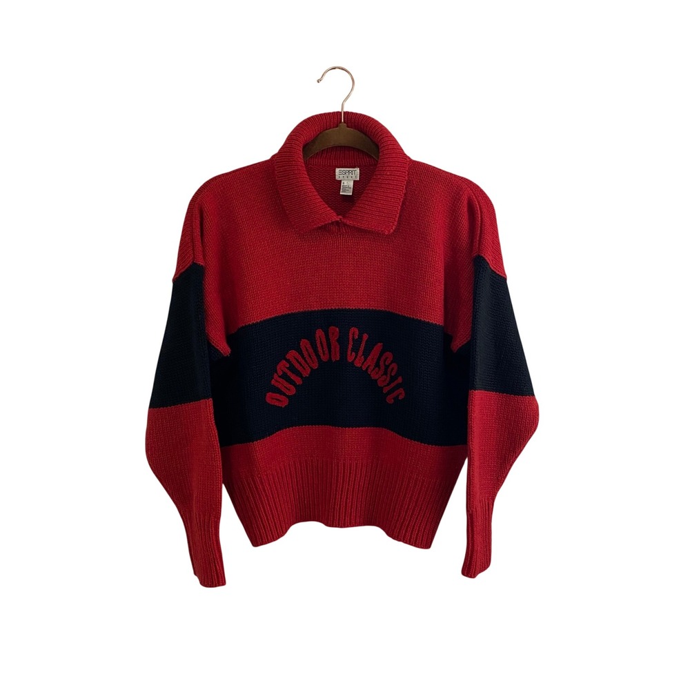 Vtg 80s Esprit Sport Outdoor Classic Knit Polo Sweater Red Black Small Gorpcore